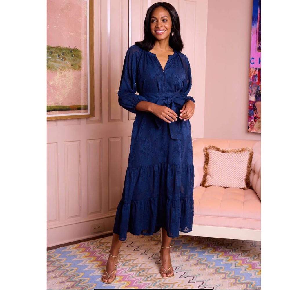 Abbey Glass Elise Dress Navy Burnout Chiffon